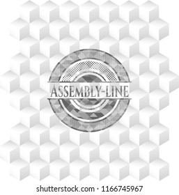 Assembly-line grey emblem. Retro with geometric cube white background