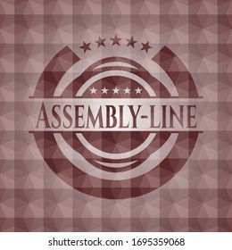 Assembly-line red emblem or badge with geometric pattern background. Seamless.