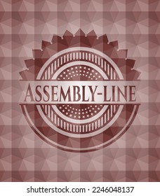 Assembly-line red seamless emblem or badge with geometric pattern background. 