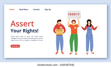 Assert your rights landing page vector template. Charity website interface idea with flat illustrations. Fundraising campaign homepage layout. Social activism web banner, webpage cartoon concept