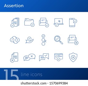 Assertion line icons. Set of line icons. Letter with checkmark, approved documents. Checkmark concept. Vector illustration can be used for topics like work, business