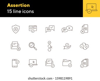 Assertion line icons. Set of line icons. Letter with checkmark, approved documents. Checkmark concept. Vector illustration can be used for topics like work, business