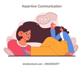 Assertive Communication concept. A relaxed woman engaging in clear and confident conversation, embodying assertiveness with a gesture of assurance. Expressing positive self expression. Flat vector