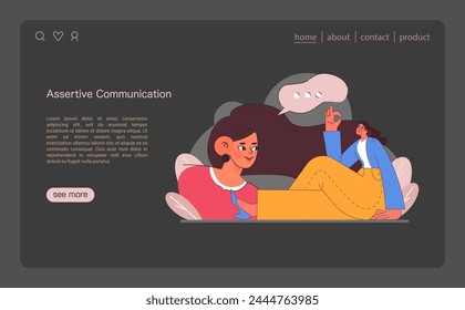 Assertive Communication concept. A relaxed woman engaging in clear and confident conversation, embodying assertiveness with a gesture of assurance. Expressing positive self expression. Flat vector