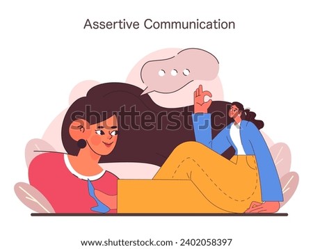 Assertive Communication concept. A relaxed woman engaging in clear and confident conversation, embodying assertiveness with a gesture of assurance. Expressing positive self expression. Flat vector