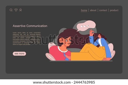Assertive Communication concept. A relaxed woman engaging in clear and confident conversation, embodying assertiveness with a gesture of assurance. Expressing positive self expression. Flat vector