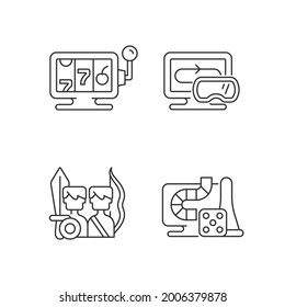 Assertive games linear icons set. Online casino with gambling and money spending. Customizable thin line contour symbols. Isolated vector outline illustrations. Editable stroke