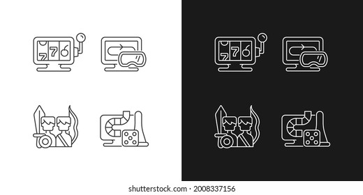 Assertive games linear icons set for dark and light mode. Online casino with gambling and money spending. Customizable thin line symbols. Isolated vector outline illustrations. Editable stroke