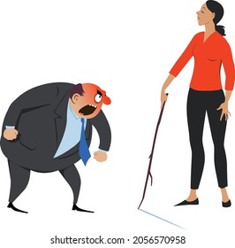 Assertive woman drawing the line in front of a verbally abusive person, setting boundaries, EPS 8 vector illustration