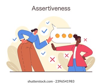 Assertiveness concept. Two individuals demonstrate assertive communication with visual checks and crosses indicating dos and don'ts. Engaging interpersonal skill development. Flat vector illustration