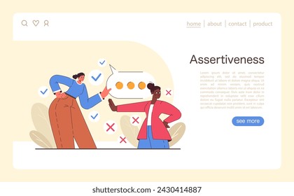 Assertiveness concept. Two individuals demonstrate assertive communication with visual checks and crosses indicating dos and don'ts. Engaging interpersonal skill development. Flat vector illustration