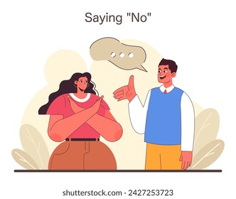 Assertiveness concept. A woman demonstrates the power of saying No, confidently setting boundaries in conversation with a man. The portrayal of consent and personal limits. Flat vector illustration