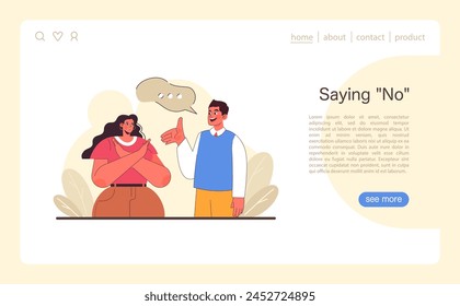 Assertiveness concept. A woman demonstrates the power of saying No, confidently setting boundaries in conversation with a man. The portrayal of consent and personal limits. Flat vector illustration