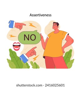 Assertiveness concept. Young man confidently expresses boundary with firm rejection to aggressive people pointing fingers. Importance of clear communication and self-respect. Flat vector illustration