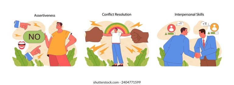 Assertiveness, conflict resolution and interpersonal skills concept. Boundary setting, problem-solving, mutual understanding. Essential for personal and professional growth. Flat vector illustration