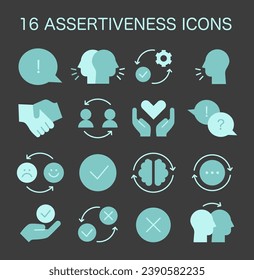 Assertiveness icon set. Articulate self-expression and clear communication portrayed through speech bubbles, handshakes, and thoughtful gestures. Conflict resolution and positive feedback. Flat vector