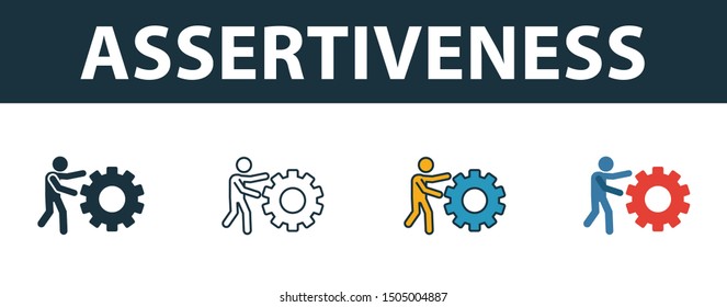 Assertiveness icon set. Four elements in diferent styles from soft skills icons collection. Creative assertiveness icons filled, outline, colored and flat symbols.