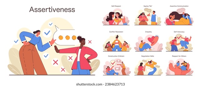 Assertiveness set. Characters display self-respect, conflict resolution, and empathy in interactions. Effective communication skills and respect in various scenarios. Flat vector illustration