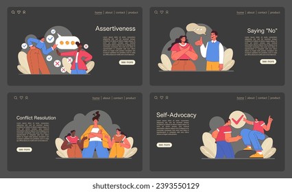 Assertiveness set. Characters display self-respect, conflict resolution, and empathy in interactions. Effective communication skills and respect in various scenarios. Flat vector illustration