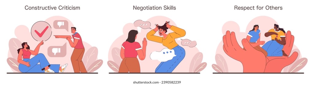 Assertiveness skills set. Engaging visuals showcase constructive criticism, effective negotiation, and mutual respect. Explore interpersonal interactions and confident communication. Flat vector