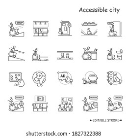 Assesible city line icons set. Accessible for disabled people public places, transport.Barriers-free environment and social adapting for disabled people.Isolated vector illustrations.Editable stroke 