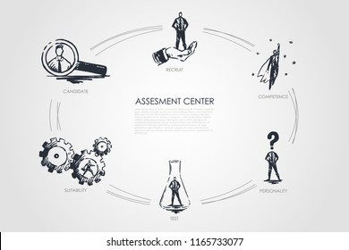 Assesment center - competence, test, personality, suitability, recruit concept. Hand drawn isolated vector.