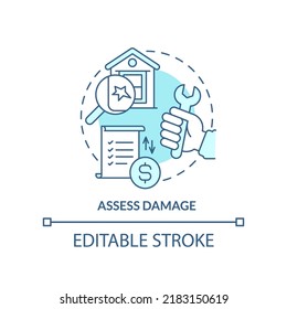 Assess damage turquoise concept icon. Storm safety abstract idea thin line illustration. Inspection. Real estate repair. Isolated outline drawing. Editable stroke. Arial, Myriad Pro-Bold fonts used