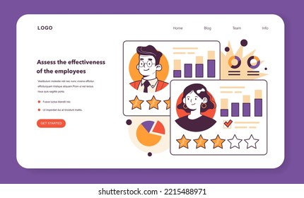 Assess the effectiveness of the employees web banner or landing page. Personnel evaluation and testing in conditions of economic stagnation. Business-saving actions. Flat vector illustration