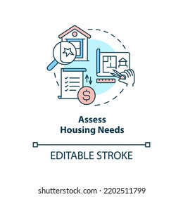 Assess housing needs concept icon. Property checkup. Tip for home development abstract idea thin line illustration. Isolated outline drawing. Editable stroke. Arial, Myriad Pro-Bold fonts used