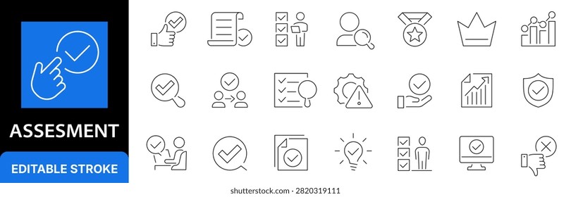 Assess icon set. Evaluation. Result. Audit. Editable stroke. Vector illustration
