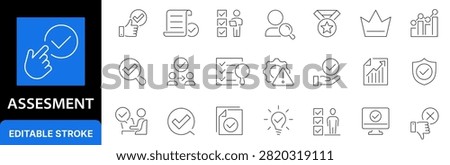 Assess icon set. Evaluation. Result. Audit. Editable stroke. Vector illustration