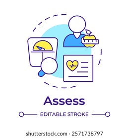 Assess multi color concept icon. Weight control, management. Health care, diagnosis. Round shape line illustration. Abstract idea. Graphic design. Easy to use in infographic, presentation