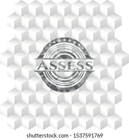 Assess realistic grey emblem with cube white background