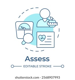 Assess soft blue concept icon. Weight control, management. Health care, diagnosis. Round shape line illustration. Abstract idea. Graphic design. Easy to use in infographic, presentation