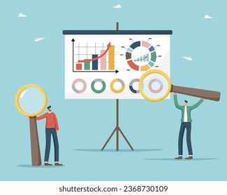 Evaluación del costo de un proyecto o estimación, cálculo de un presupuesto, contabilidad de una cartera de inversiones y ahorros, análisis de ingresos y gastos, hombres con lupas cerca de bordo con gráficos