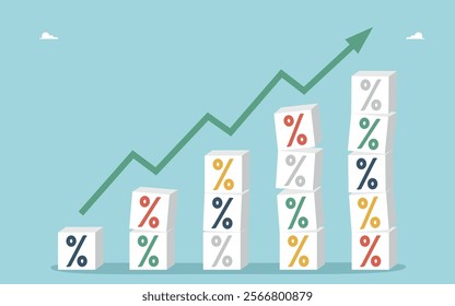 Assessing profitability or risks of innovative projects, payments from share of investments, choosing best interest rates on loans or deposits, ascending arrow above columns of percentage cubes.