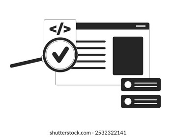 Avaliando código de programação com objeto de linha 2D preto e branco de lupa. Codificando lupa do programa. Item de contorno de vetor de clip-art isolado de lente de aumento da janela do computador. Ilustração de ponto monocromático