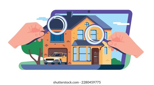 Assessing value of property. Appraisers conduct inspection of house. Apartment quality inspection. Real estate examine. Architecture assessment. Magnifiers in hands