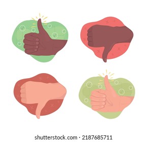 Assessment 2D vector isolated illustration set. Thumb signal flat hand gestures on cartoon background. Positive, negative feedback colourful editable scene for mobile, website, presentation collection