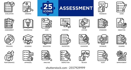 assessment, analysis, evaluation, business, survey, management icon set. Outline icons collection. Simple vector illustration	