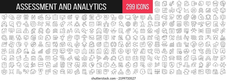 Assessment and analytics linear icons collection. Big set of 299 thin line icons in black. Vector illustration