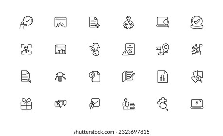 Colección de iconos lineales de evaluación y análisis.Conjunto de iconos de línea delgada, colección de iconos de contorno simple, conjunto de iconos Pixel Perfect.