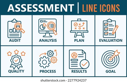 Icono web de evaluación ilustración vectorial para el método de acreditación y evaluación de empresas y educación con auditoría, análisis, plan, evaluación, calidad, proceso, resultados y objetivo