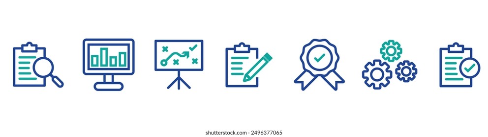 Anuncio Ilustración vectorial de ícono de Web de evaluación para el método de acreditación y evaluación en negocios y educación con auditoría, análisis, Plan, evaluación, calidad, proceso, resultados e ícono de objetivo.