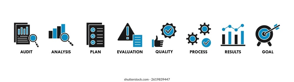 Icono de Anuncio de evaluación Ilustración vectorial de Web de acreditación y método de evaluación en negocios y educación con auditoría, análisis, Plan, evaluación, calidad, proceso, resultados e ícono de objetivo