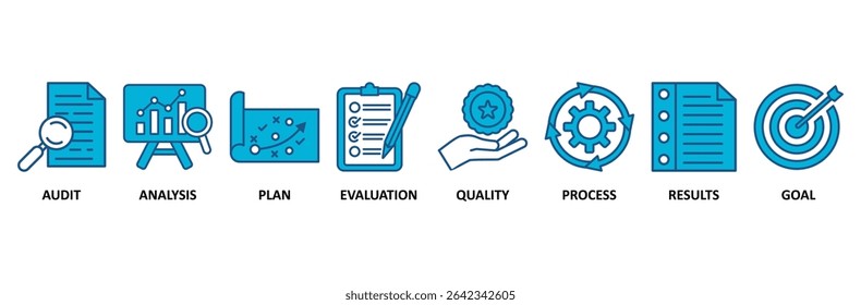Ilustração vetorial do ícone da Web da faixa de avaliação para acreditação e método de avaliação em negócios e educação com auditoria, análise, plano, avaliação, qualidade, processo, resultados e ícone de meta