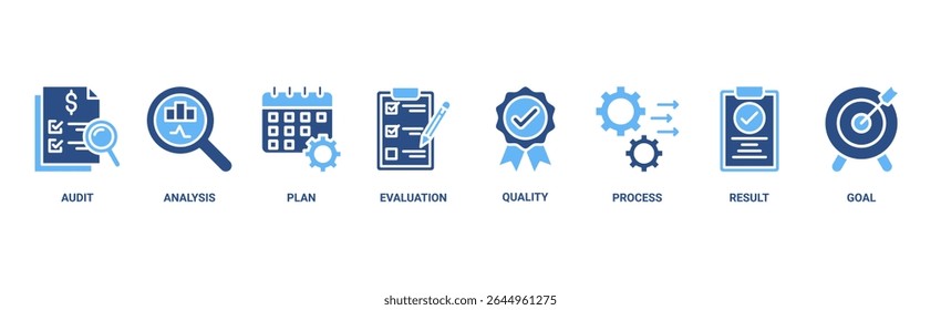 Ilustração vetorial do ícone da Web da faixa de avaliação para acreditação e método de avaliação em negócios e educação com auditoria, análise, plano, avaliação, qualidade, processo, resultados e ícone de meta