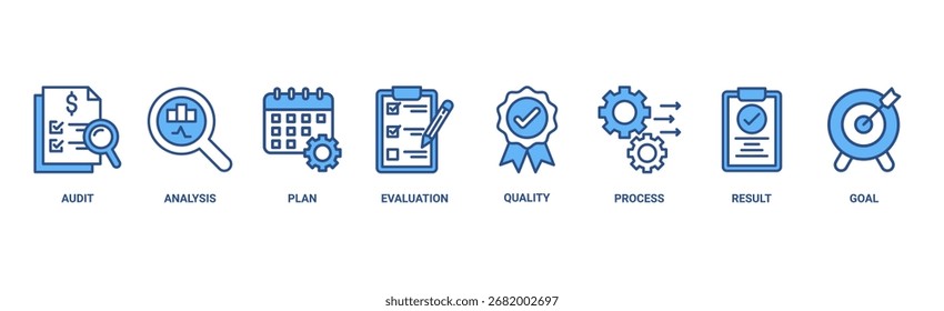Anuncio Ilustración vectorial de ícono de Web de evaluación para el método de acreditación y evaluación en negocios y educación con auditoría, análisis, Plan, evaluación, calidad, proceso, resultados e ícono de objetivo