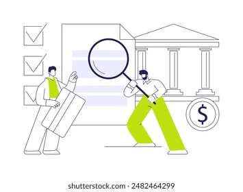 Assessment of borrower abstract concept vector illustration. Mortgage broker checking credit history of young couple, real estate business, borrower assessment process abstract metaphor.