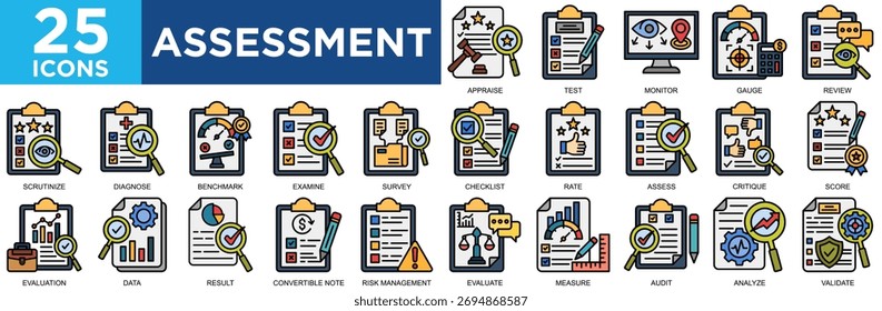  assessment, business, checklist, evaluation, document, review icon set. Outline icons collection. Simple vector illustration	
